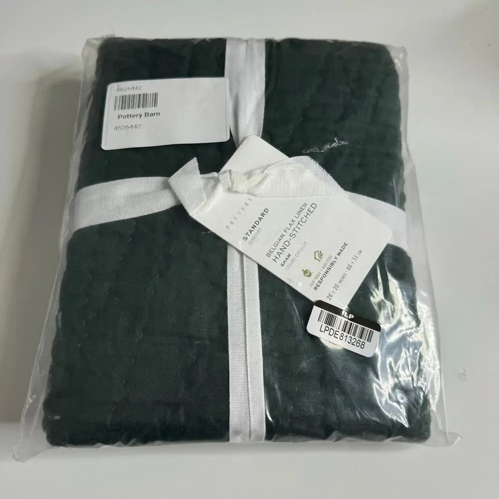 NWT POTTERY BARN Belgian Flax Linen Hand Stitched Standard Pillow Sham Green